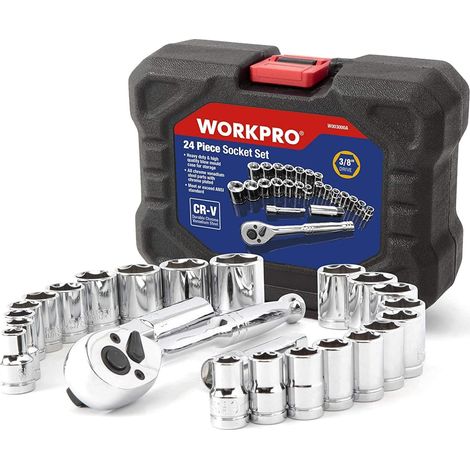 Workpro – Coffret cliquet et douilles 24 pièces – 10 douilles 3/8' et 11 douilles mm – Acier chrome-vanadium – Boîte compacte 19,5 x 16 x 7,5 cm - 24-Pi (1/5)