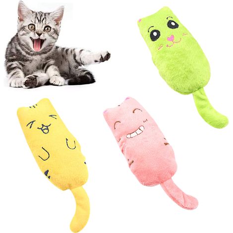 Lot de 3 jouets interactifs pour chat, en peluche douce, à l'herbe à chat, à mâcher, avec des expressions de dessin animé, et des coussins pour chatons, pour le nettoyage des dents et le jeu.