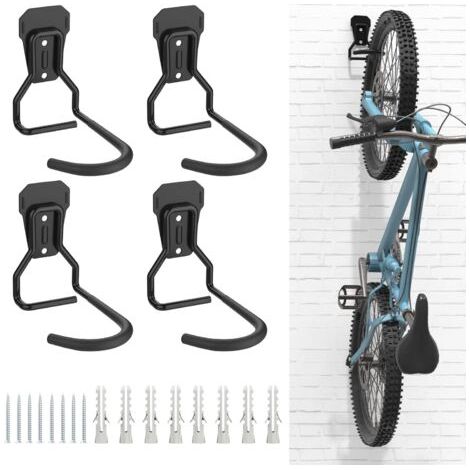 QORVA-4 Crochets Vélo, Supports de Cintre de Vélo en Fer, Support Mural de Rangement pour Vélos Robuste en Forme de L, Support Vertical de Vélo Pratique pour Maison Garage, Noir