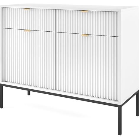 Commode 104 cm, 2 tiroirs, 2 portes, Blanc / Noir, poignées dorées, 104 x 39 x 83 cm (1/5)
