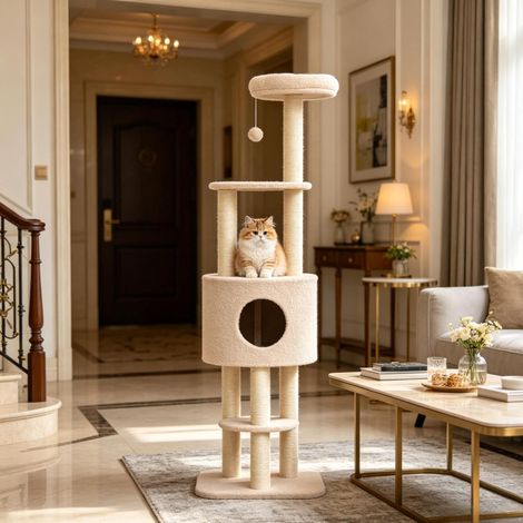 Árbol rascador para gatos beige 148 cm con caseta y bola OKWISH (1/5)