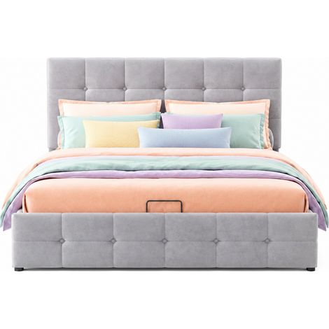 Lit coffre 140x200 cm en velours gris avec tête de lit rembourrée, sommier à lattes métal, relevage hydraulique et grand rangement CHICFURN (1/5)