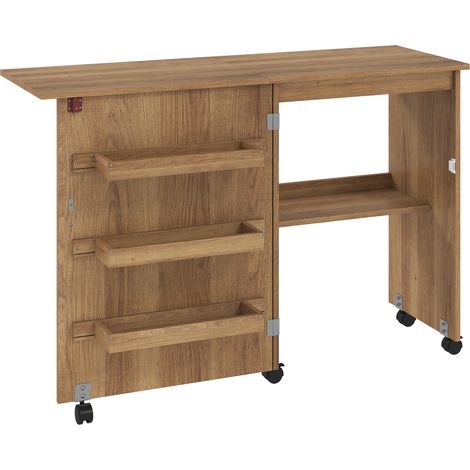 Table de couture pliante et meuble couture à abattant - Marron - Avec bacs de rangement, étagère ouverte et roulettes - Pour couture, loisir créatif - Design pratique (1/5)
