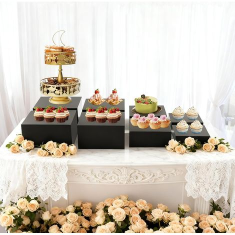 8 PCS Acrylic Display Stands & Buffet Risers Set Dessert Table Display Stand for Cakes, Food, Jewellery, Figures, Collectibles Wedding, Party, Craft Fair Riser Shelf Black (1/5)