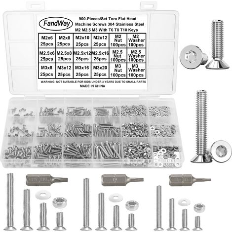 M2 M2.5 M3 Torx Vis à Métaux et écrous,900 Pièces Vis à Tête Plate Torx,Boulon et écrous Rondelles,Boulons Tete Fraisee Entièrement Filetées en Acier Inoxydable 304. (1/5)