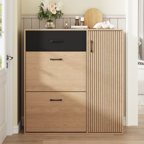 Mueble zapatero estrecho 100 x 35 x 106 cm, 1 cajón, 2 abatibles, natural y negro DESVIAE (1/5)
