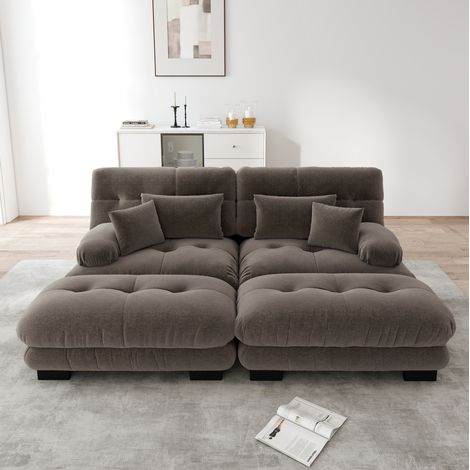 Divano angolare modulare in ciniglia marrone con 2 pouf e 2 cuscini lombari DESVIAE (1/5)