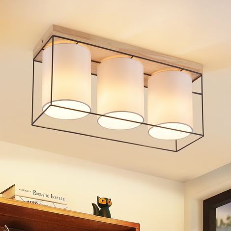 GBLYDeckenlampe Wohnzimmer Deckenleuchte Holz - 3 Flammig E14 Vintage Wohnzimmerlampe mit Stoff-Lampenschirm Industrial Retro Esszimmerlampe für Esszimmer Schlafzimmer Küche (ohne Leuchtmittel)