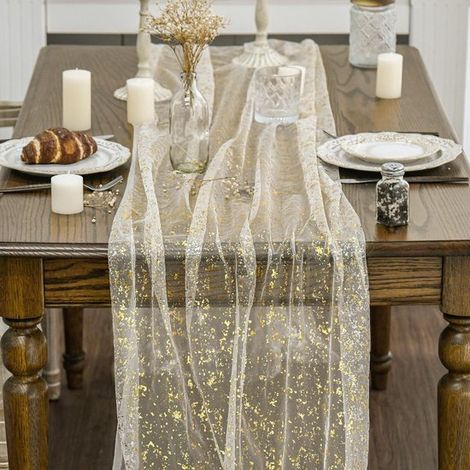 Camino de mesa de 2 piezas, 70 x 300 cm, decoración de mesa con detalles dorados, para cocina, fiestas, cumpleaños y bodas - Beige (1/5)