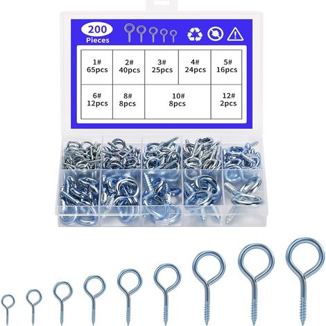 200 Pcs Vis à oeillets, petit oeillet a visser, crochet à visser pour bois, vis à œil autoforeuses en métal pour suspendre des cadres photo (9 tailles) (1/5)