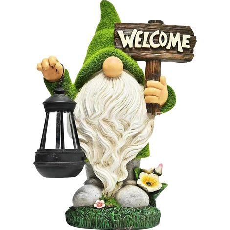 Statue de nain de jardin pour extérieur – Grand nain en résine avec lanterne solaire et panneau « Welcome » – Sculpture décorative pour jardin, cour, terrasse, porche et pelouse (1/5)