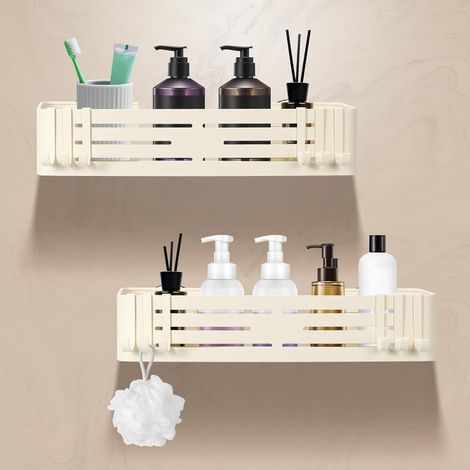 Lot de 2 - Étagère douche - Organisateur salle de bain - Fixation ventouse sans perçage - Aluminium résistant 10kg - Pour carrelage et verre - Crème - 32x13x6,6cm (1/5)