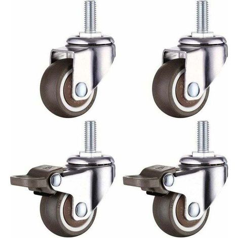 Roulette Pivotante Robuste en Caoutchouc à Tige Filetée M8 pour Chariot à Main, Tables de Travail, Roues Meuble, 1.5 inch, Diamètre du filetage : 8mm, longueur 20mm, 2PCS avec frein + 2PCS sans frein