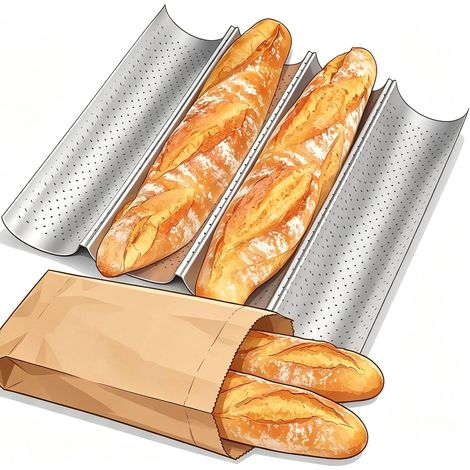 Amagabeli Moule à Baguettes 4 Cavités en Acier Carbone - Moule Microperforé Antiadhésif Sans PFOA 38 x 33 cm - Pour Boulangerie Maison, Croûte Dorée & Cuisson Uniforme (1/5)