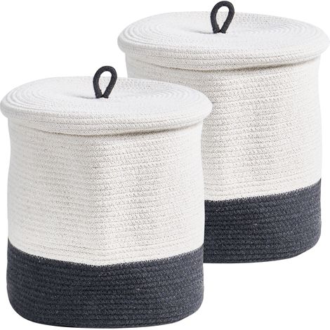 Conjunto de 2 cestas de algodón 32 cm a rayas tapa accesorios boho gris/blanco Silopi