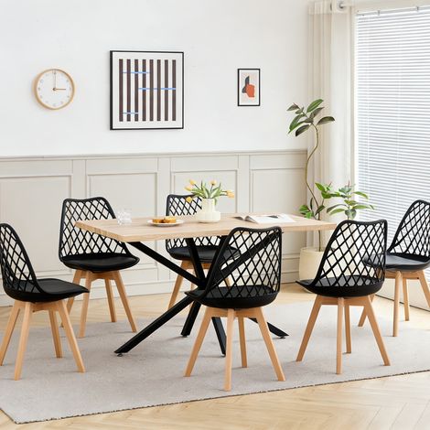 Wokaka Lot Table et Chaises à Manger -Table MDF et Métal noir 140cm - avec 6 Chaises Scandinaves de Salle à Manger Noir - Couleur chêne