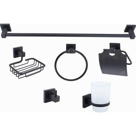 Cleafe - Set Ultra Moderno Nero 6pz Bagno Porta Asciugamano Rotolo Bicchiere Spazzolini 87261 - (1/5)