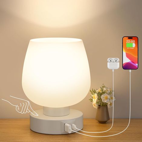 Lampe de Chevet Tactile, Petite Lampe de Table à Cordon avec Ports de Charge USB-A+C Intensité Variable 3 Voies pour Chambre Salon D'enfant, Abat-jour en Verre Blanc, Ampoule LED Incluse (1/5)