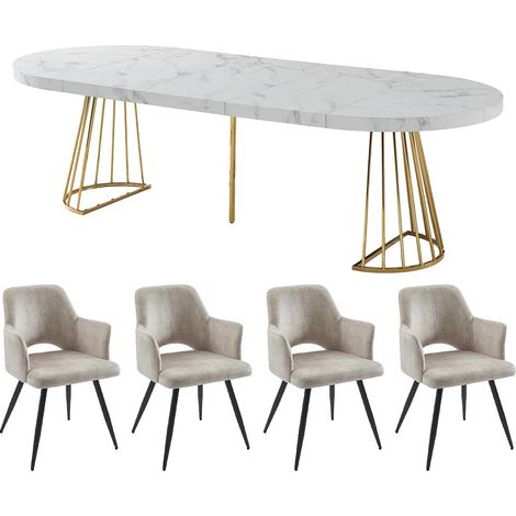 Set tavolo FIRELA + 4 sedie KADIJA Effetto marmo Bianco e Beige