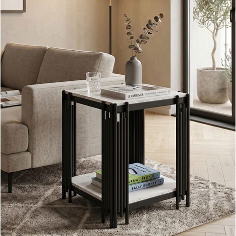 Table d'appoint 2 niveaux, effet marbre, métal noir, 55x43x40 cm, MDF blanc (1/5)