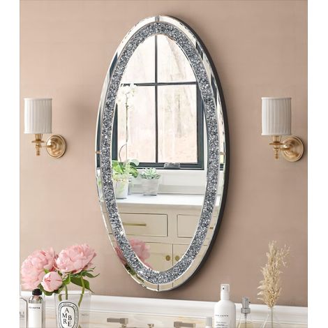 35in x 20in Modern Glam Crystal-Encrusted Oval Wall Mirror - Decorative Accent for Bathroom, Living Room & Entryway (1/5)