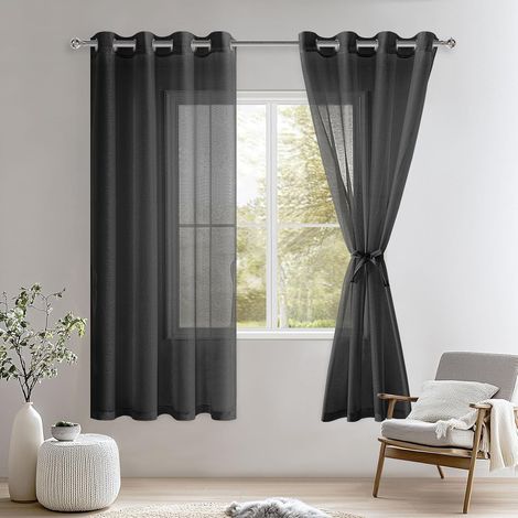 Lot de 2 Rideaux Voilages à Oeillets, Tissu Polyester Noir, 132x160cm pour Salon Chambre (1/5)