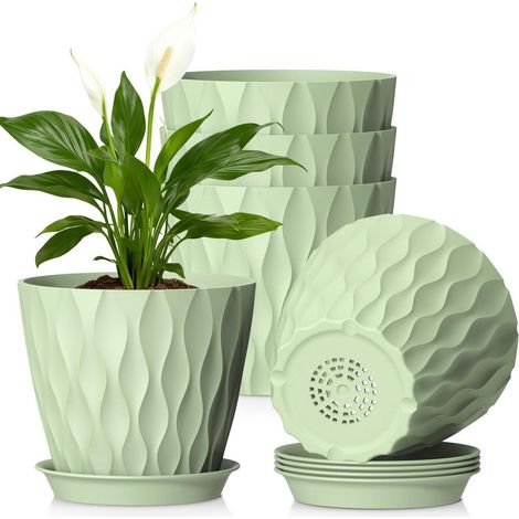 5er Set Blumentöpfe Ø 17,6 cm mit Untersetzer, Kunststoff, Abflusslöcher, Wellenstruktur (1/5)