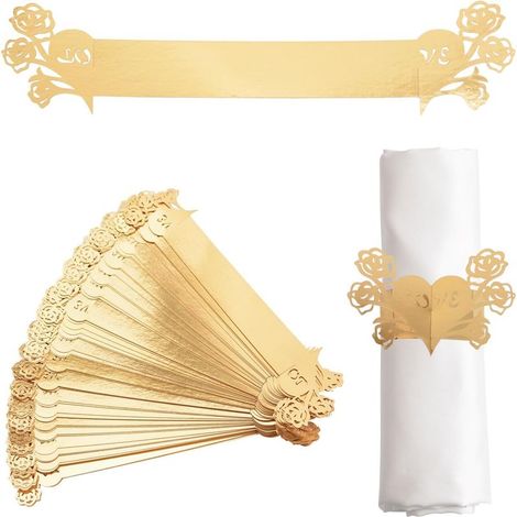 50 Ronds de serviette, réfléchissants dorés, motif rose laser, 22 x 4,97 cm, décoration de table mariage fête (1/5)