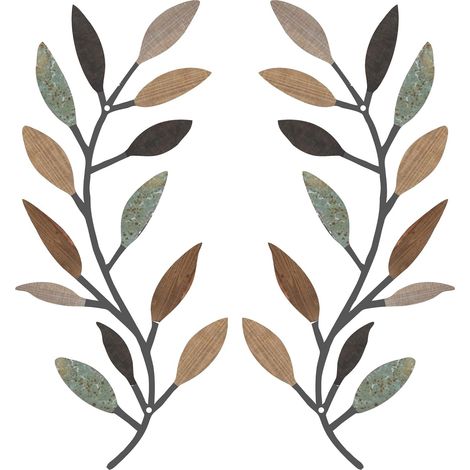 Lot de 2 décorations murales en métal représentant des feuilles d'arbre, des branches d'olivier et des feuilles de vigne, pour salon, couloir ou extérieur (couleur classique). (1/5)