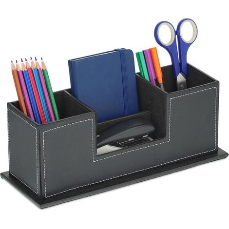 Portapenne in similpelle con 4 scomparti, organizer da scrivania, nero (1/5)