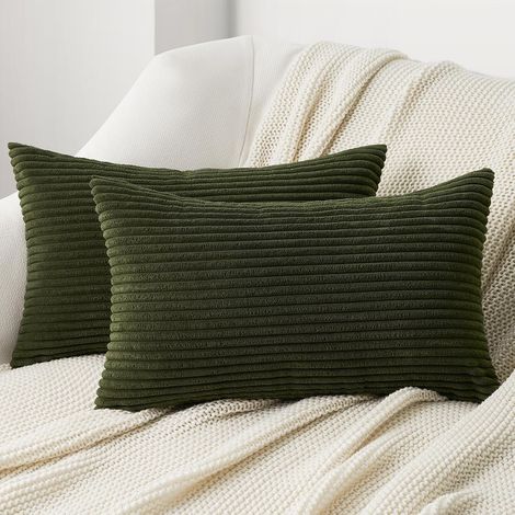 Housse de Coussin 40x80 Vert Olive Decoration Salon en Velours Côtelé Super Doux Coussin Canapé Décoratif Banc Fauteuil Tete de Lit Couleur Unie à Rayures 2 Pièces (1/5)