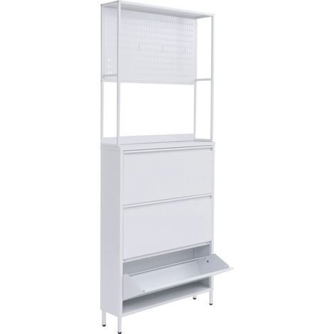Scarpiera con 3 scomparti basculanti mobiletto per scarpe con ripiano e ganci 201x80x20 cm metallo bianco 040008883