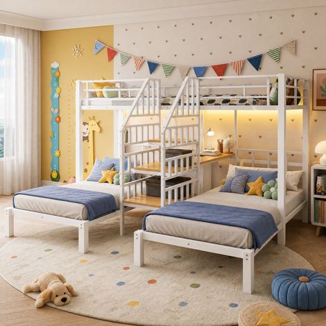 Letto a castello 90x200 cm, con 3 posti letto, luci LED, scrivania integrata, acciaio e MDF, bianco (1/5)