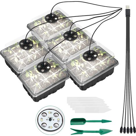 5-teiliges Bio-Anzuchtset mit Pflanzenlampen, 60 Zellen, 5 Etiketten und 2 Umpflanzwerkzeugen.