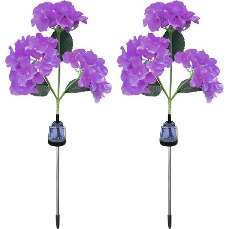 Juego de 2 luces solares automáticas con forma de hortensia, con clasificación de impermeabilidad IP65, para colocar en el jardín o en el césped como elemento decorativo exterior. (1/5)