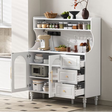 Buffet haut de cuisine 120x40x138.5 cm blanc en MDF avec prises, 3 tiroirs, verre cannelé et porte-verres (1/5)