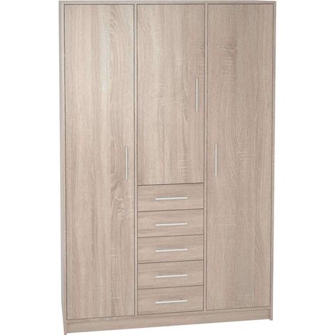 Armario 3 puertas abatibles 5 cajones acabado roble, 200 cm(alto)130 cm(ancho)50 cm(fondo)