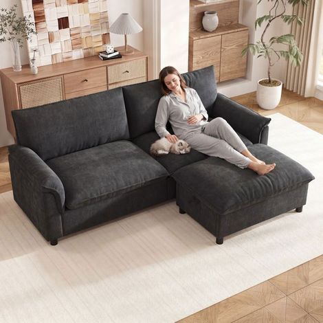Canapé d'angle 216x77x82cm tissu chenille noir - Canapé Modulable - 3 places, pouf avec coffre de rangement, assise profonde (1/5)