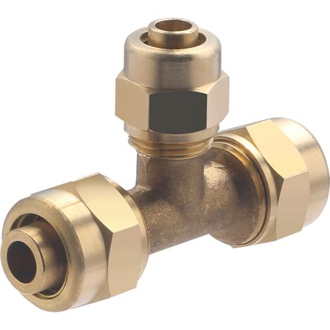 – Té réduit à compression pour tube PER Ø16 – Ø12 – Ø16 mm – Raccord en laiton brut – Pression 10 bar – Température 5°C à 95°C (1/5)