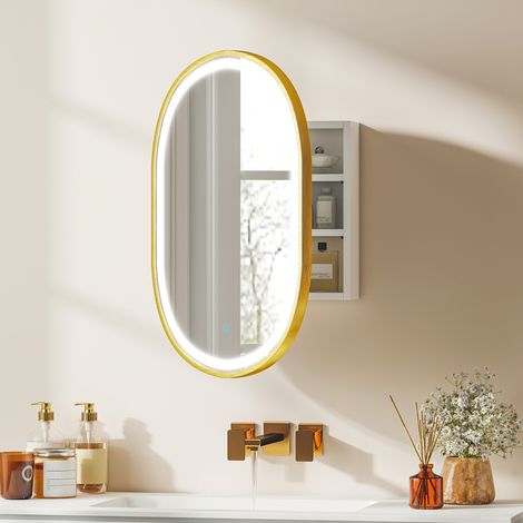 Armoire murale salle de bain avec miroir et éclairage LED. porte ovale. anti-buée. 50x14.5x70cm. doré