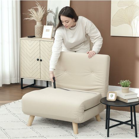 Sillón cama reclinable con respaldo ajustable, estructura de metal, terciopelo beige (1/5)