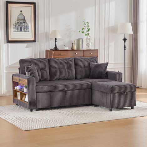 Divano letto - Divano a 3 posti - 196x82x85 cm - con vano portaoggetti e letto estraibile, porta USB-C - velluto a coste grigio scuro (1/5)