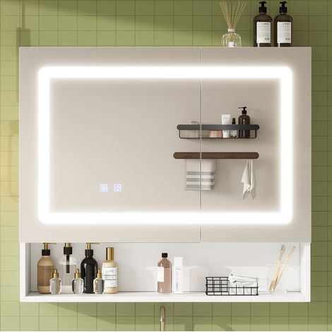 Meuble de salle de bain miroir 80 x 17 x 70 cm avec LED, désembuage, double porte, blanc HAVRYA (1/5)