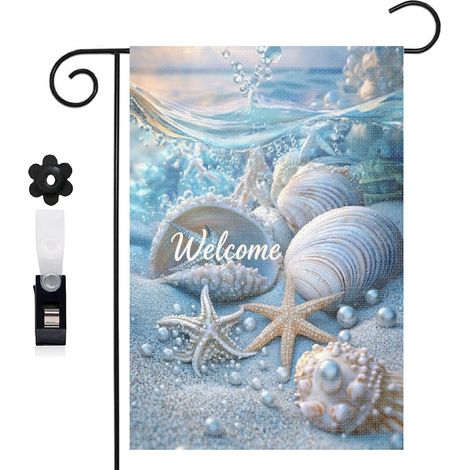 Drapeau de jardin décoratif 30 x 45 cm motif étoiles de mer et perles marines toile double face (1/5)