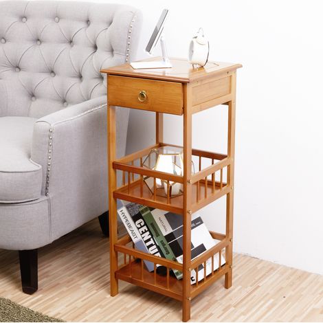 UNHO Nachttisch Nachtkommode Beistelltisch Bambus Nachtschrank mit Schublade und 2 Ablage - 30x30x78 cm (1/5)