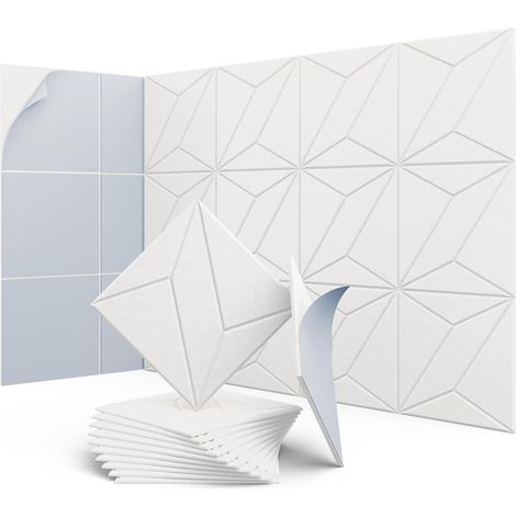 Lot de 12 panneaux acoustiques auto-adhésifs, rembourrage insonorisant en polyester, panneaux muraux insonorisants haute densité, 30 x 30 x 1cm, blanc (1/5)