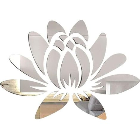 3D Acrylique Miroir Fleur de Lotus Sticker Mural Stickers Muraux Auto-Adhésif Amovible Écologique pour la Maison Chambre Salon Salle de Bains Décoration 13.7 x 9.8 Pouces, Argenterie (1/4)