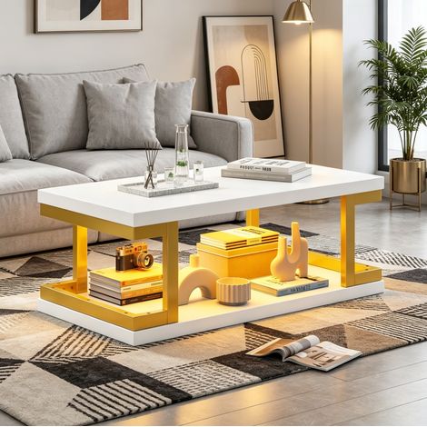 Mesa de Centro Rectangular con Estante Abierto y LED, Control por Bluetooth, para Salón, MDF y Metal, 100 × 50 × 37,5 cm (1/5)