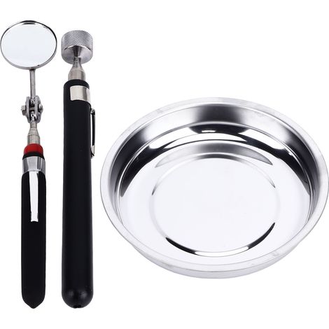 Plateau magnétique rond en acier inoxydable avec outil de ramassage et miroir télescopique pour garage