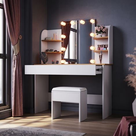 ELEGANT Dressing Table with LED Lights, Vanity Desk with Mirror Drawer Adjustable Light Strip White/Oak 108x40x140cm with Stool